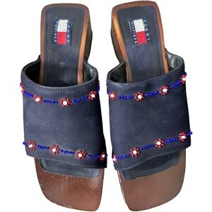 Tommy Hilfiger Flower Beaded Leather Upper Wooden Clog Sandals 9